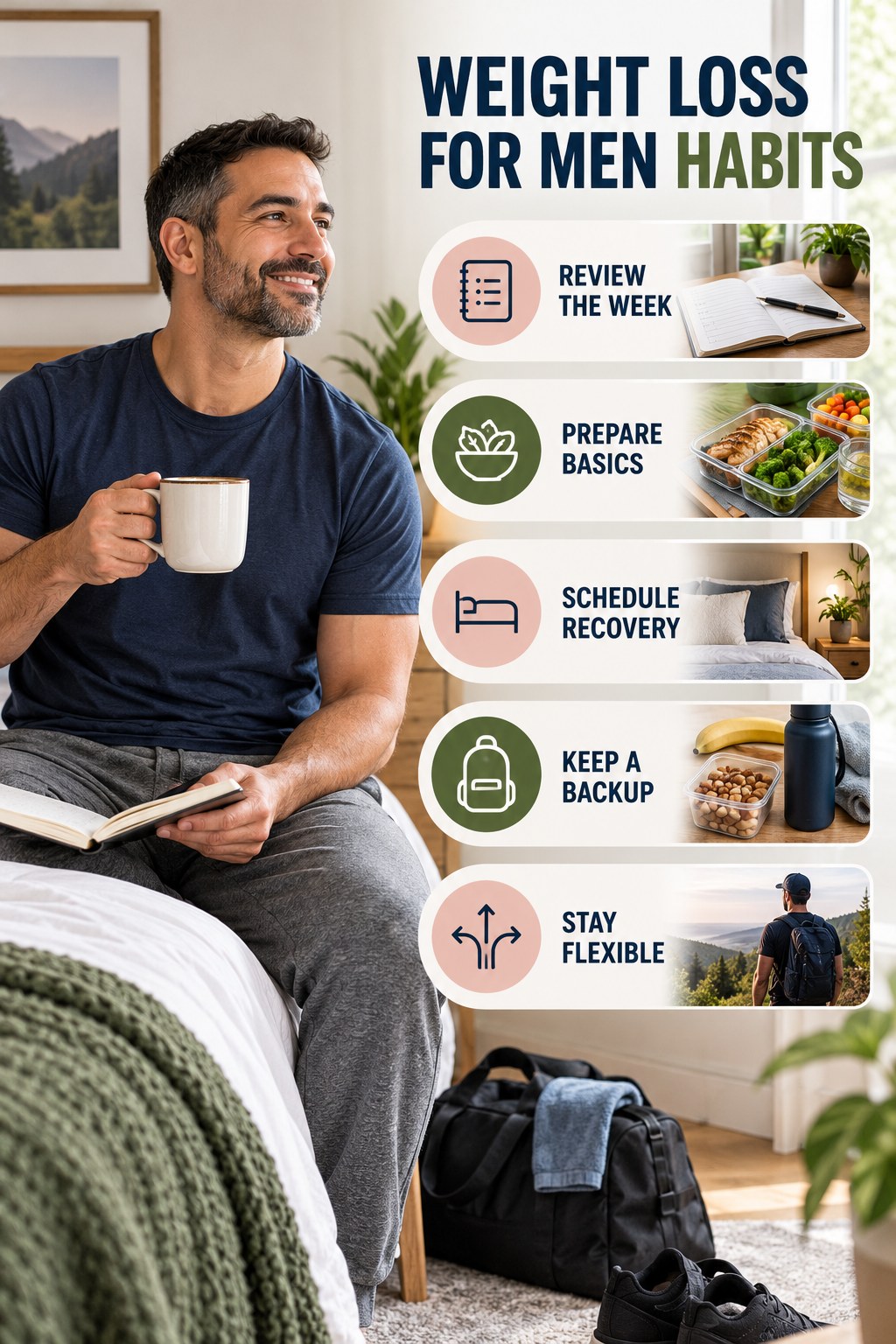 Weekly Wellness Habits for Weight Loss for Men with five readable habit cues and a realistic board-relevant wellness scene.