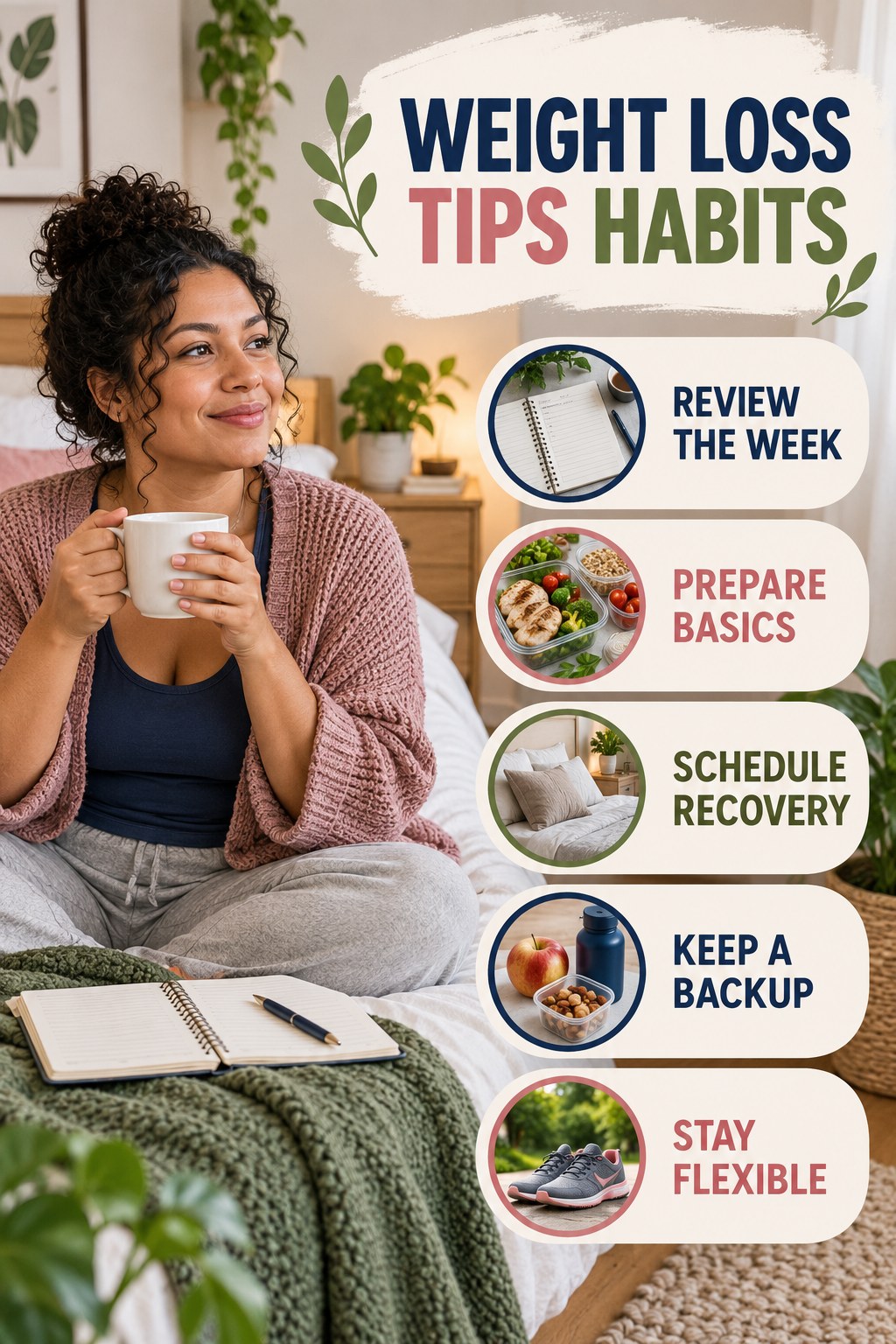 Weekly Wellness Habits for Weight Loss Tips with five readable habit cues and a realistic board-relevant wellness scene.