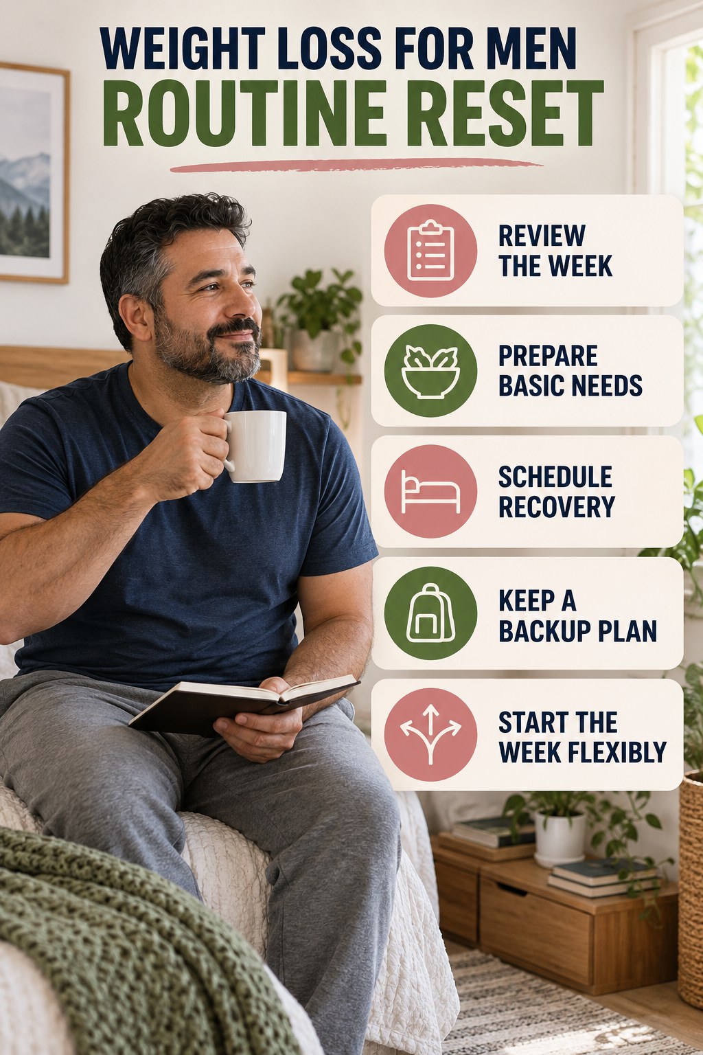 Weekly Wellness Reset for Weight Loss for Men with five readable routine-reset cues and a realistic board-relevant wellness scene.