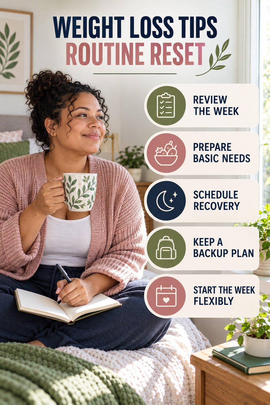 Weekly Wellness Reset for Weight Loss Tips with five readable routine-reset cues and a realistic board-relevant wellness scene.