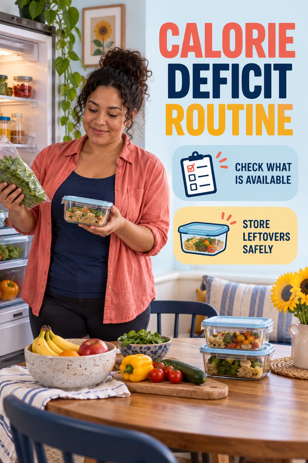 Weeknight Kitchen Flow for Calorie Deficit in a simple breakfast nook, showing a practical, attainable routine with readable guidance.