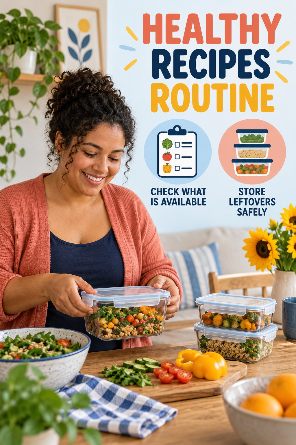 Weeknight Kitchen Flow for Healthy Recipes in a simple breakfast nook, showing a practical, attainable routine with readable guidance.