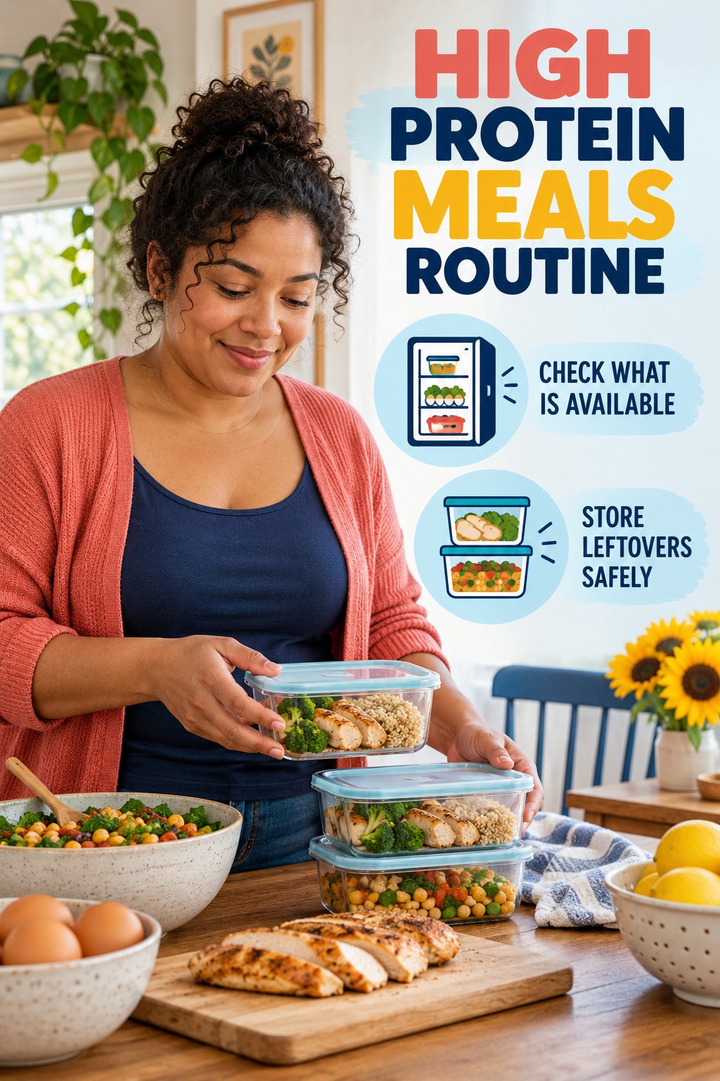 Weeknight Kitchen Flow for High Protein Meals in a simple breakfast nook, showing a practical, attainable routine with readable guidance.