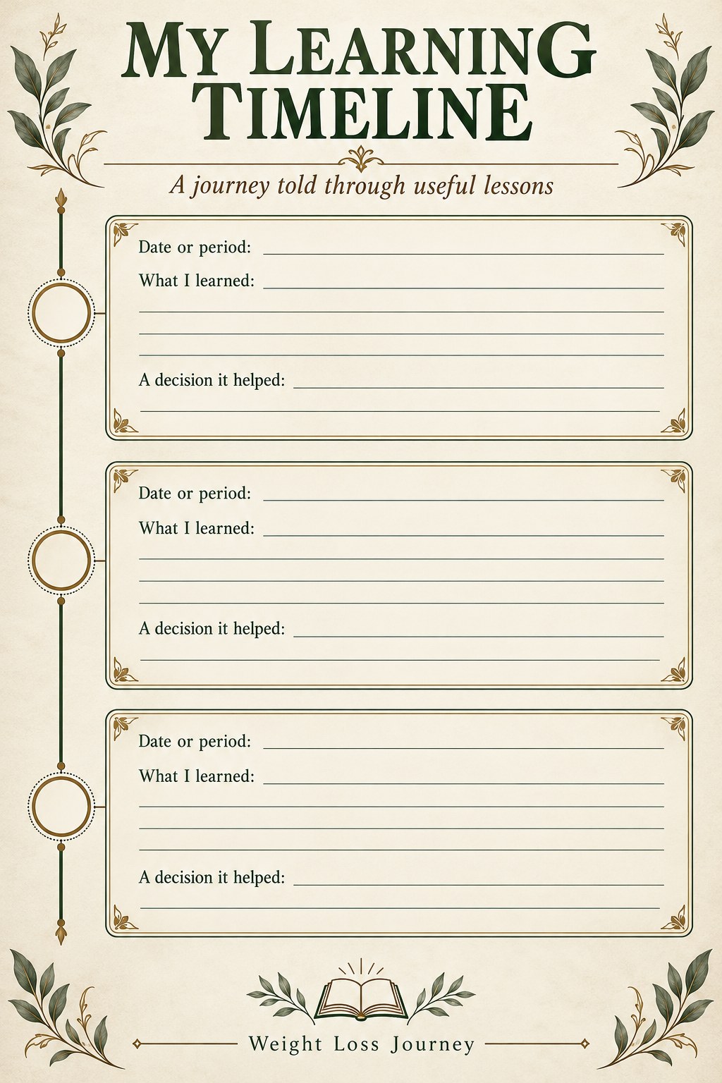 Blank three-moment learning timeline with date, lesson, and decision fields
