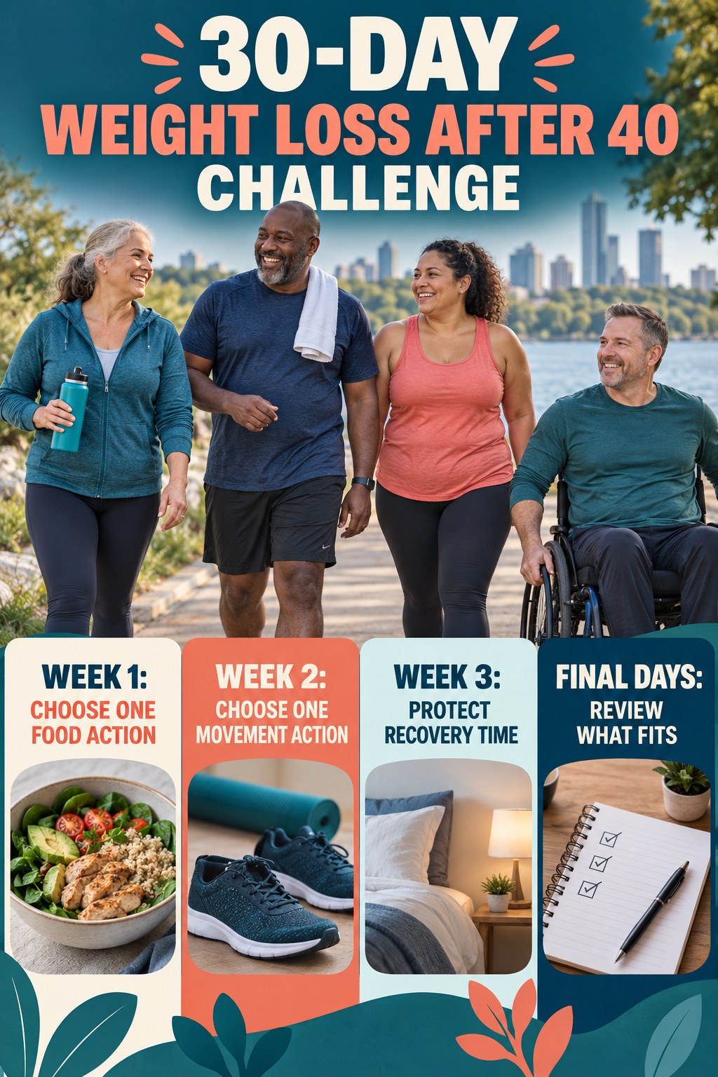 30-day Weight Loss After 40 challenge graphic showing four manageable milestones for consistent practice.