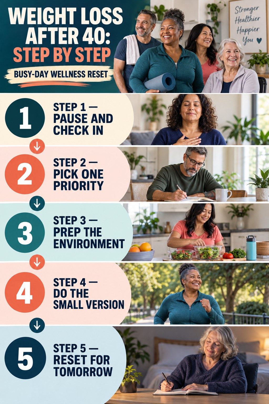 Weight Loss After 40 step-by-step graphic showing five numbered stages for busy-day wellness reset.