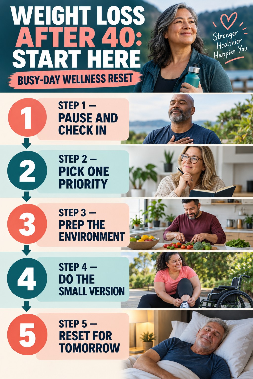 Weight Loss After 40 beginner guide graphic showing five manageable stages for busy-day wellness reset.