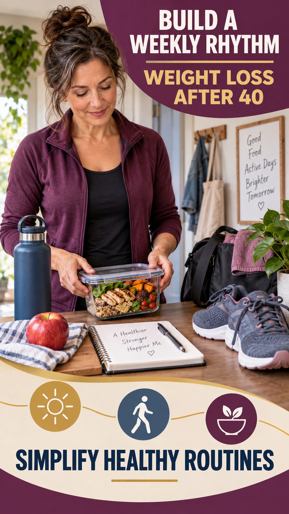 Busy-Day Wellness Plan infographic for Weight Loss After 40, showing practical metabolism-support habits for an active lifestyle.