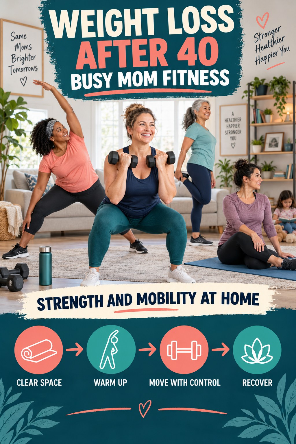 Weight Loss After 40 busy-mom fitness graphic titled Strength and Mobility at Home with four practical movement prompts.