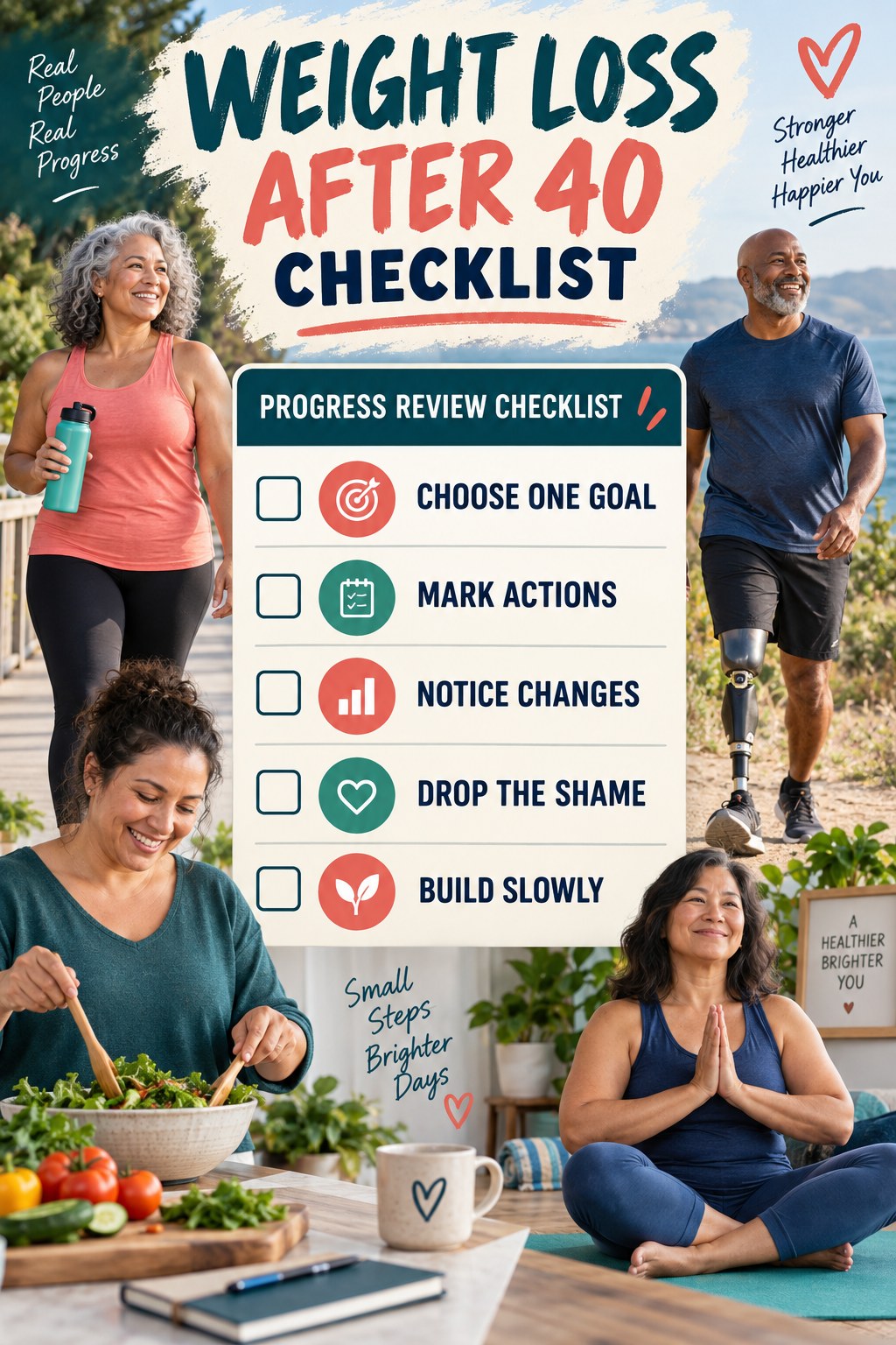 Weight Loss After 40 checklist graphic titled Progress Review Checklist with five clear practical wellness items.