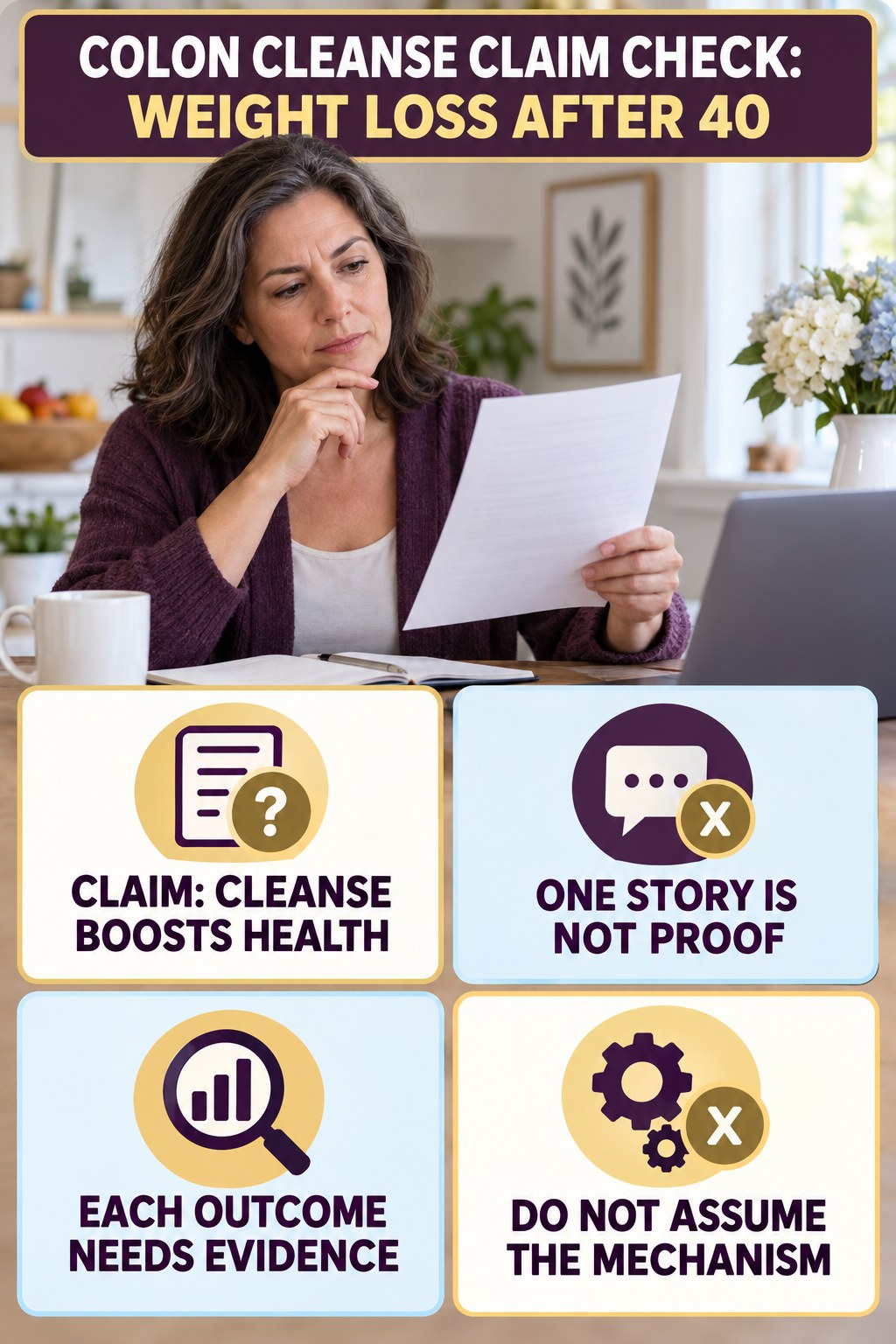 Skin, Energy, and Immunity Claims infographic for Weight Loss After 40, separating a colon-cleanse marketing claim from evidence, reasonable conclusions, and safety context.