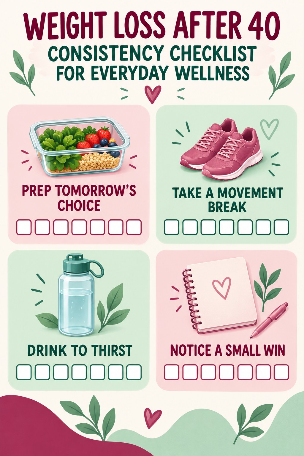 Weight Loss After 40 Consistency Checklist for Everyday Wellness infographic with checkboxes for prep tomorrow’s choice, take a movement break, drink to thirst, notice a small win.