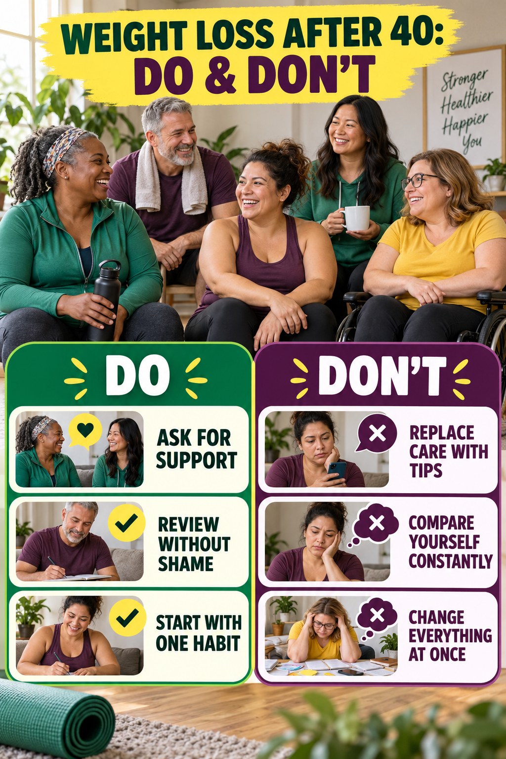 Weight Loss After 40 Do and Don’t comparison graphic showing three practical behavior pairs for busy-day wellness.