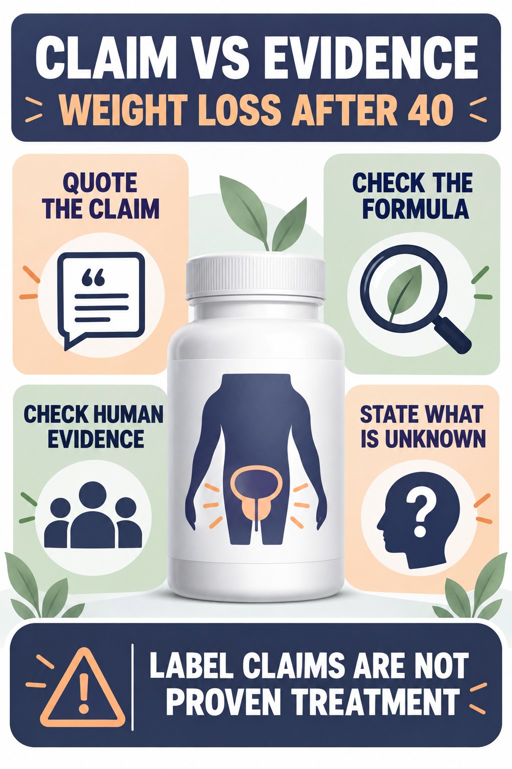 Evaluate “Supports Prostate Health” as Marketing Language prostate supplement label-literacy infographic for Weight Loss After 40 with four careful reading points.