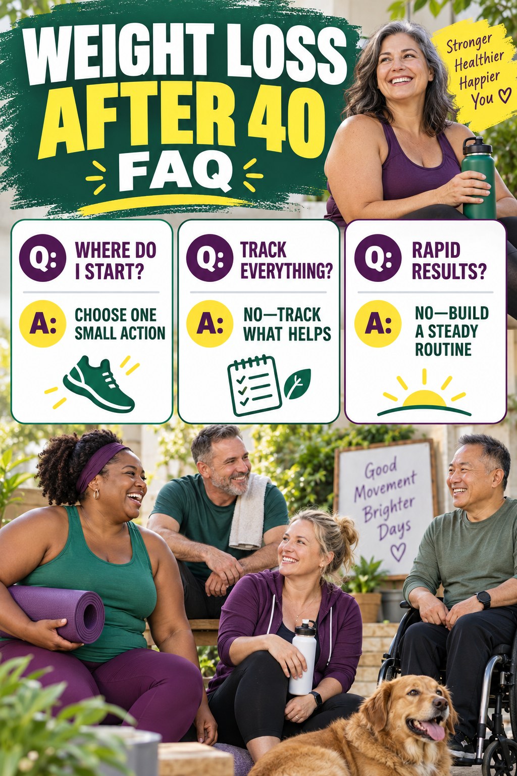 Weight Loss After 40 FAQ graphic with three concise questions and practical answers for beginners.