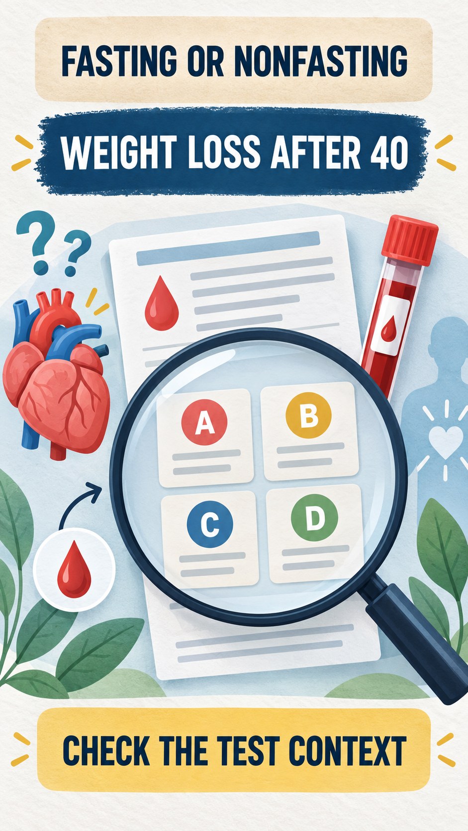 Fasting and Nonfasting Questions infographic for Weight Loss After 40, using a non-numerical educational lipid-panel layout with question and context icons.