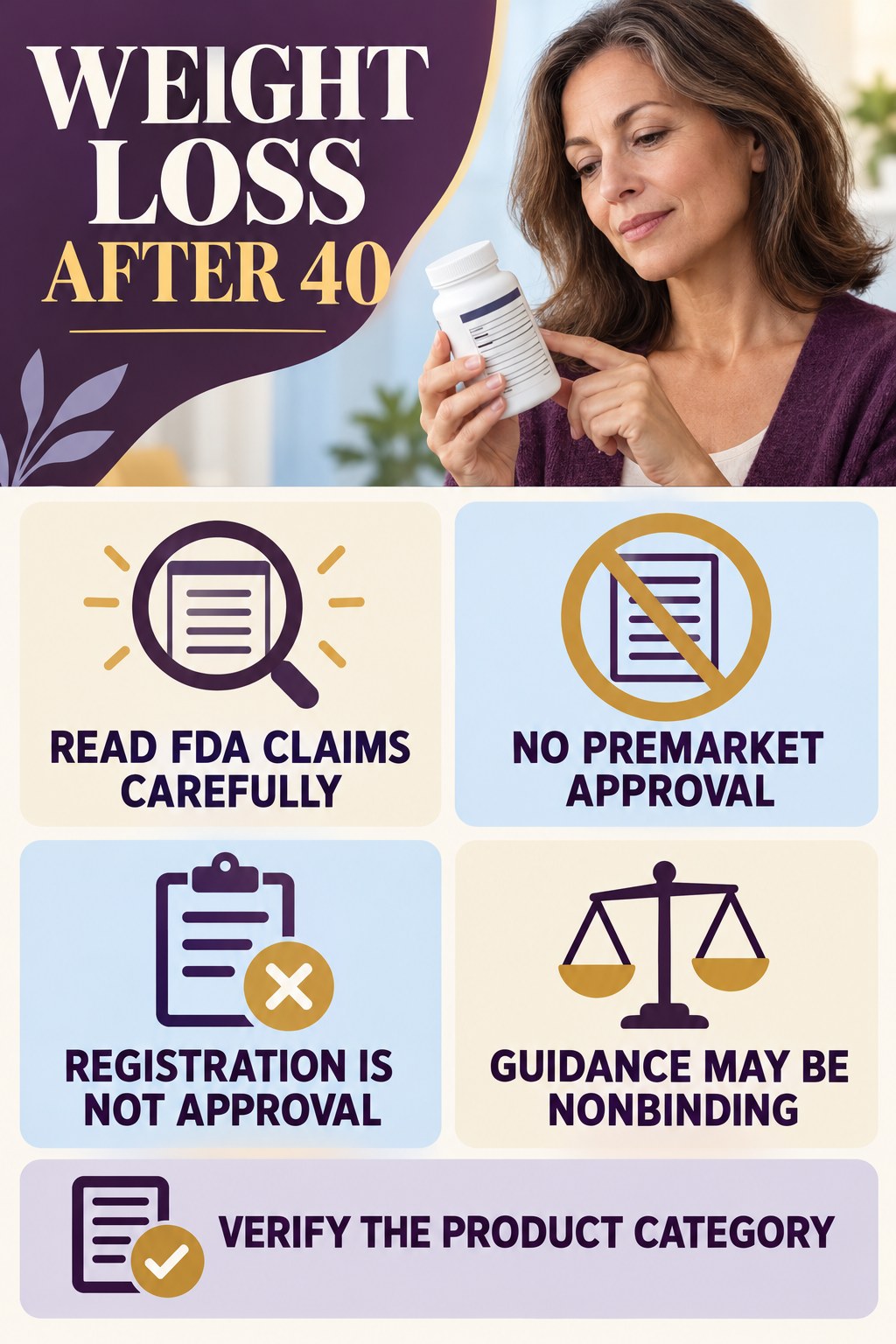 FDA Status on Supplement Labels infographic for Weight Loss After 40 with four concise probiotic-label reading points.