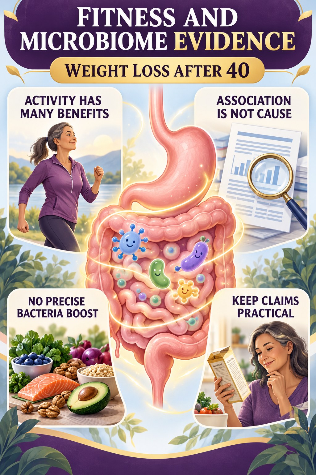 Fitness Headlines and Microbiome Evidence educational infographic for Weight Loss After 40 with four evidence-aware points.