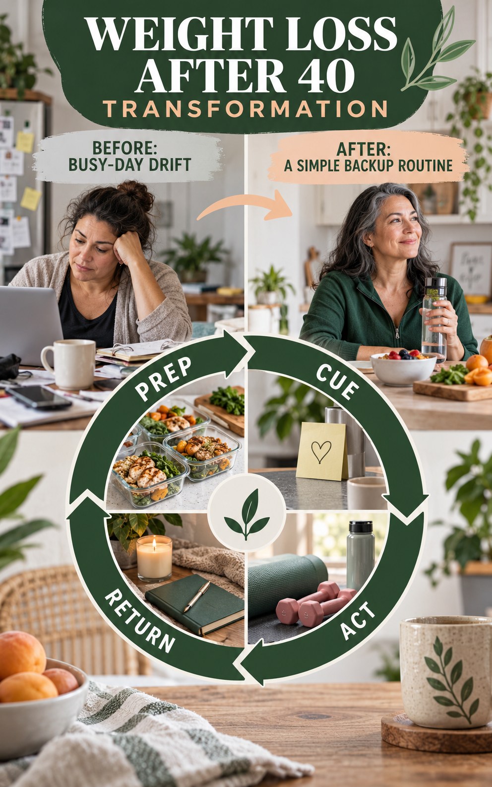 Weight Loss After 40 habit transformation graphic comparing busy-day drift with a simple backup routine using four practical steps.