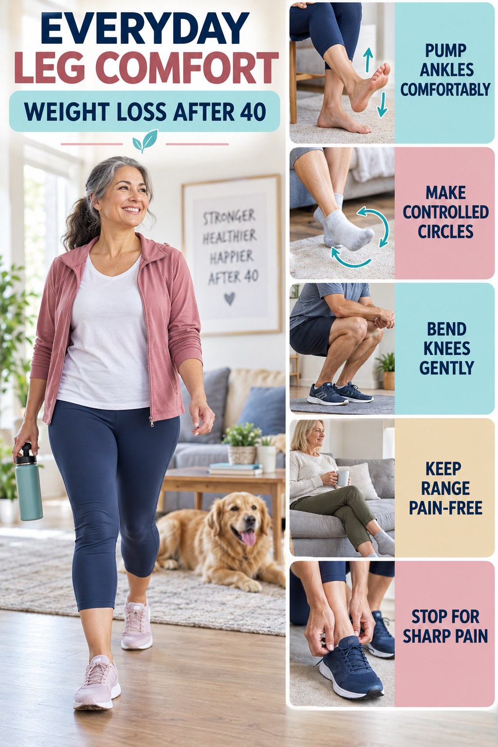 Gentle Ankle and Calf Mobility infographic for Weight Loss After 40 with five gentle movement, position, footwear, recovery, or safety actions.
