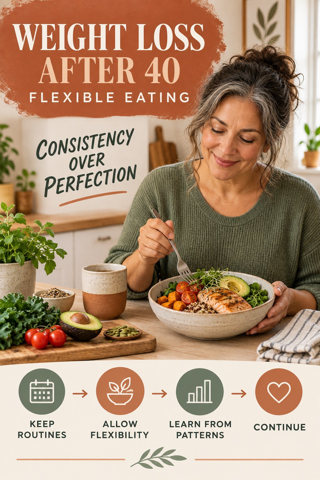 Weight Loss After 40 flexible eating graphic titled Consistency Over Perfection with four practical balance prompts.
