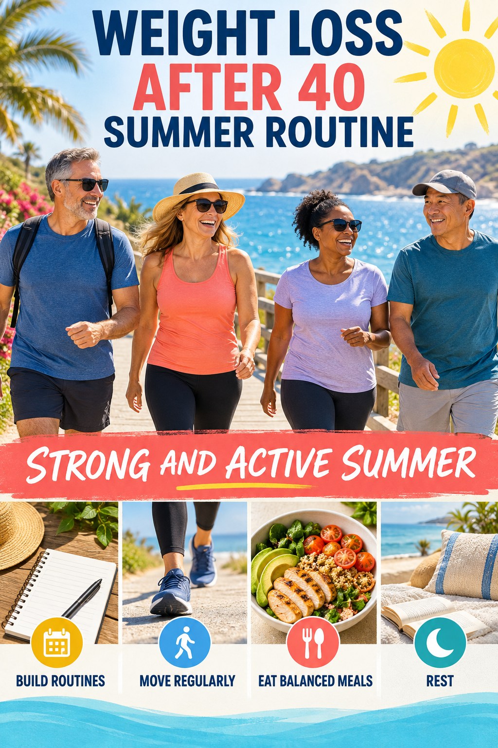 Weight Loss After 40 summer routine graphic titled Strong and Active Summer with four practical wellness prompts.