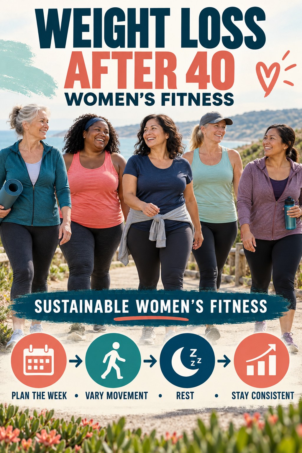 Weight Loss After 40 women’s fitness graphic titled Sustainable Women’s Fitness with four practical training prompts.
