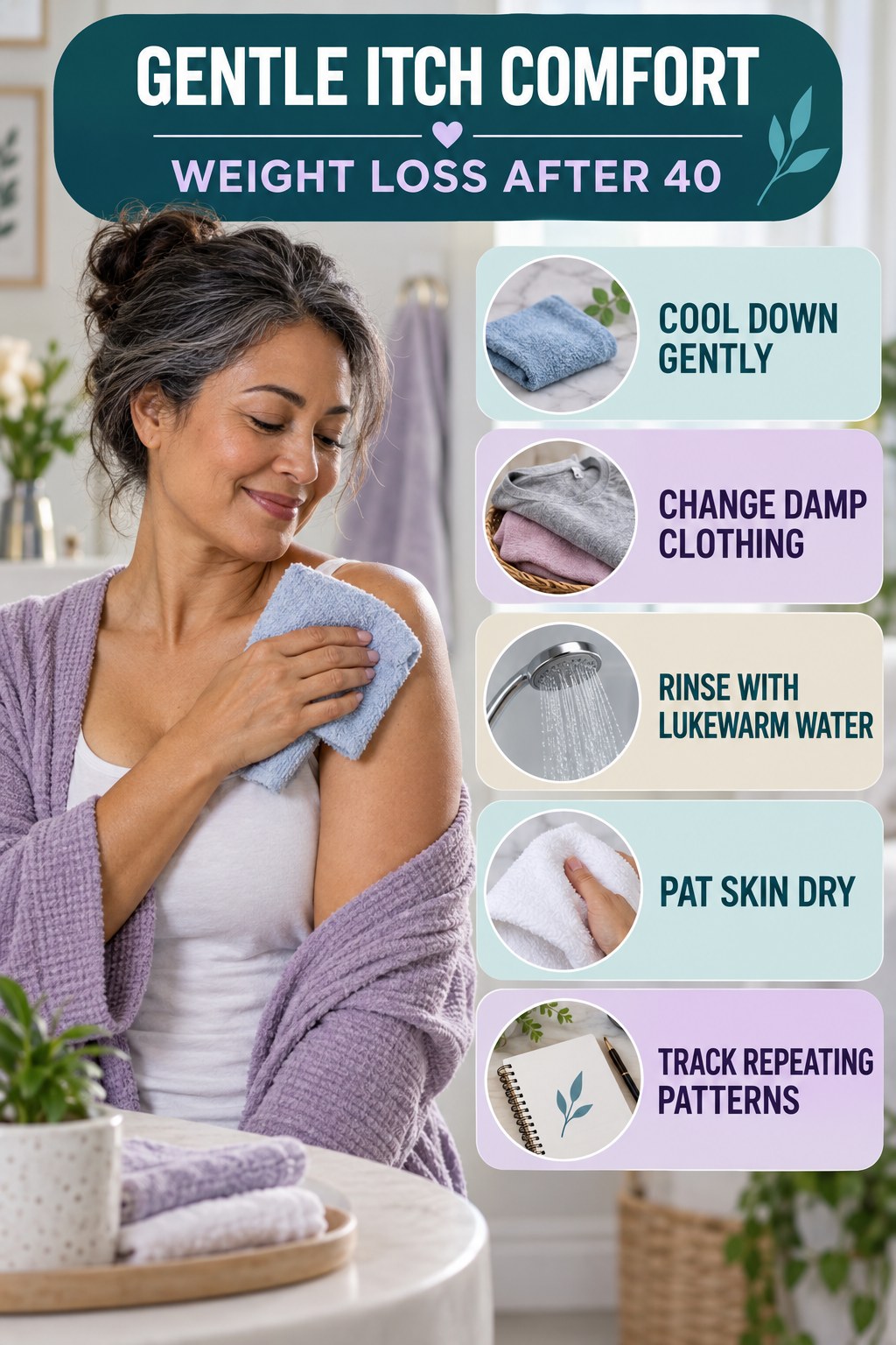 Heat and Sweat Comfort Plan infographic for Weight Loss After 40 with five gentle itchy-skin comfort strategies and a non-diagnostic safety focus.