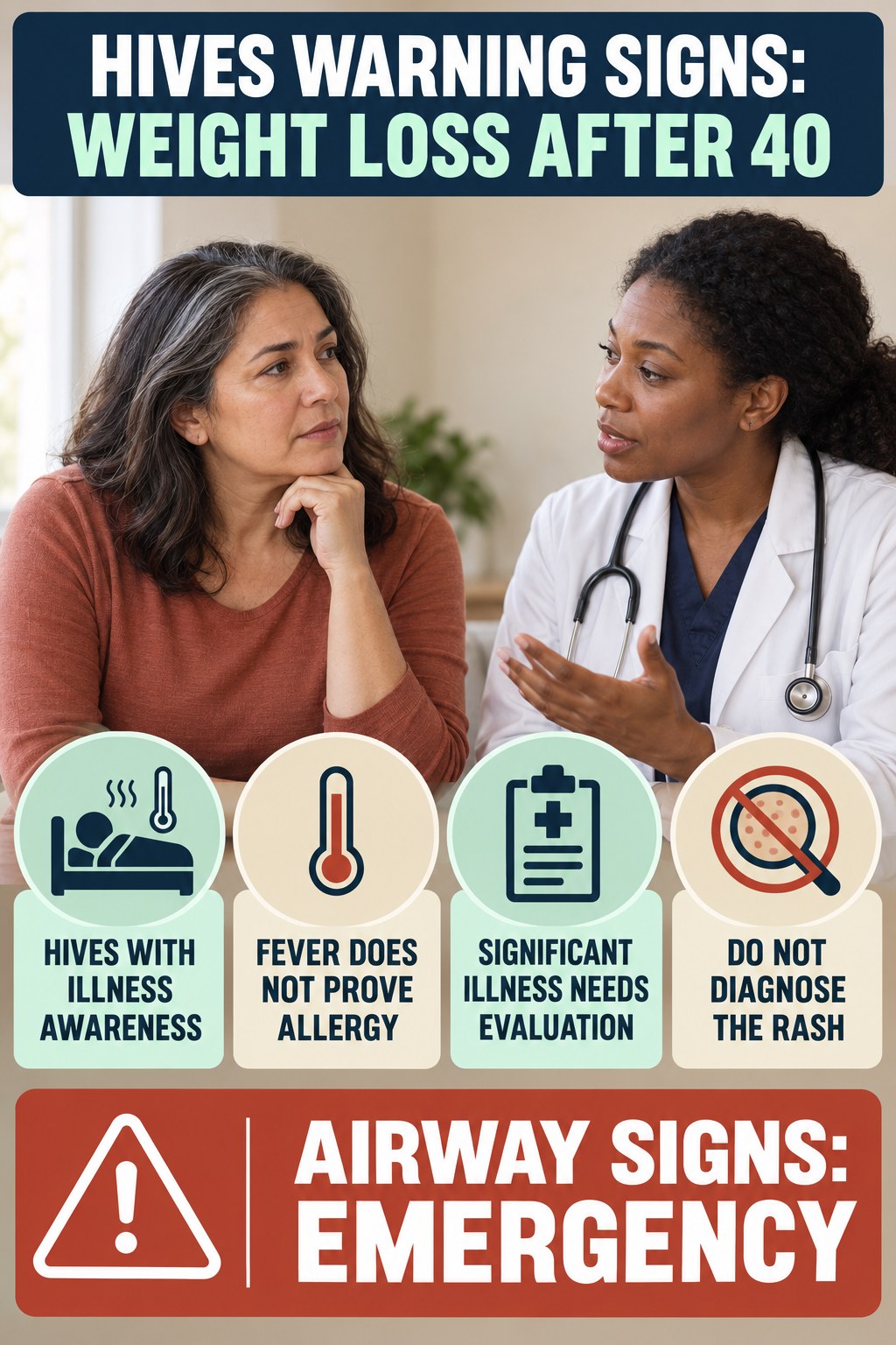 Hives with Illness Awareness infographic for Weight Loss After 40, highlighting urgent breathing, throat, swelling, fainting, and rapid-progression warning signs without diagnosing hives.