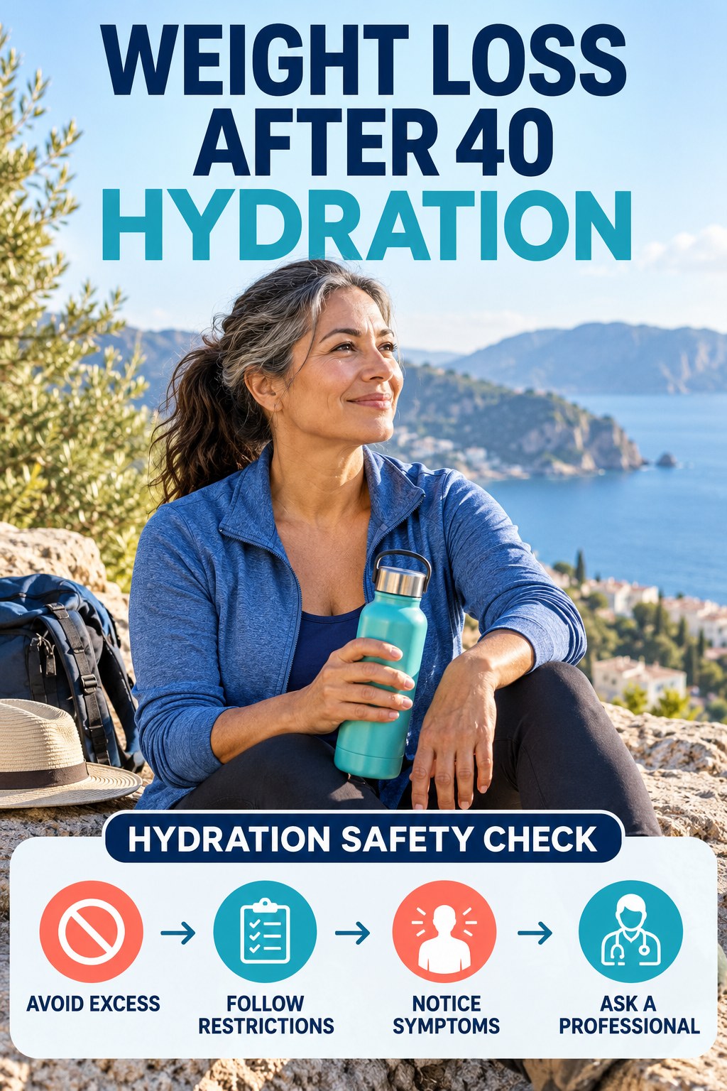Weight Loss After 40 hydration graphic titled Hydration Safety Check with four flexible water-habit prompts and no fixed intake target.