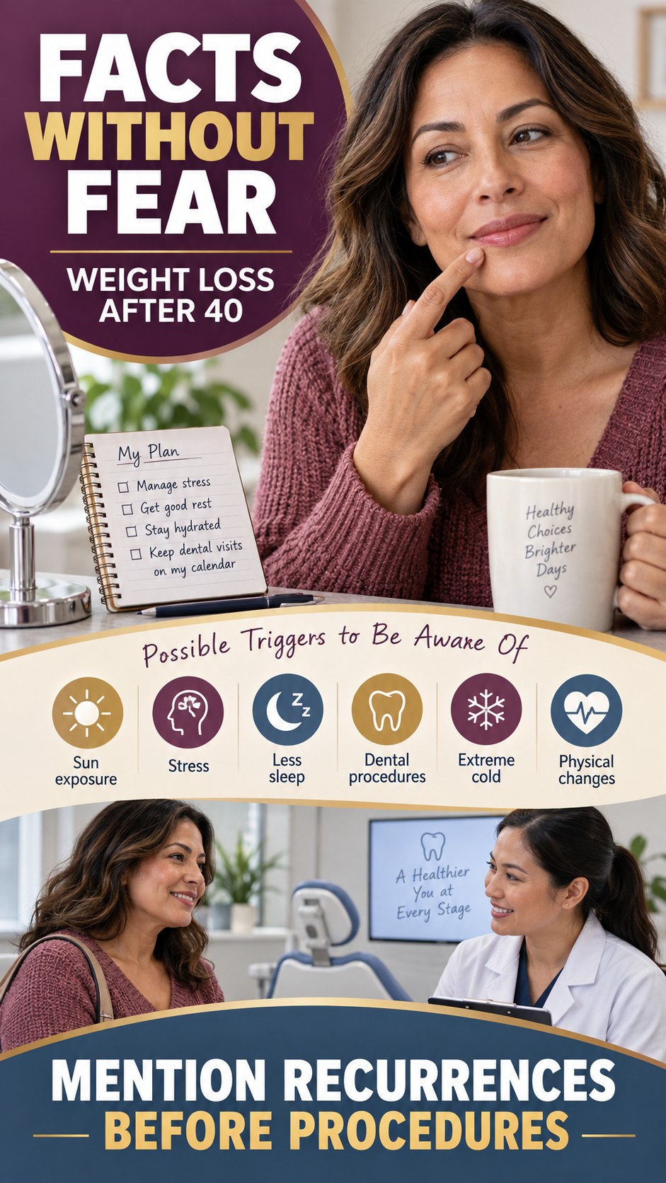 Lip Irritation Awareness infographic for Weight Loss After 40, explaining that possible cold-sore triggers vary by person.