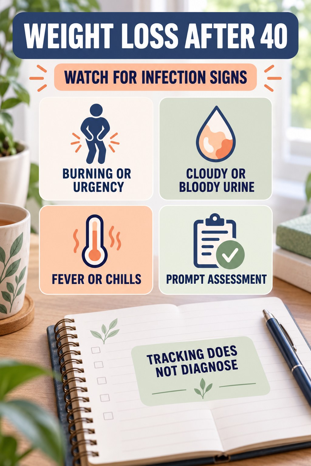 Log Possible Infection Warning Signs urinary symptom tracking infographic for Weight Loss After 40 with four practical diary points and a non-diagnostic reminder.