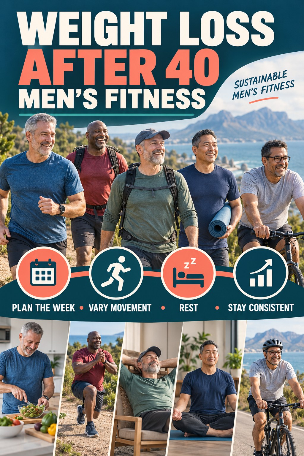 Weight Loss After 40 men’s fitness graphic titled Sustainable Men’s Fitness with four practical training prompts.