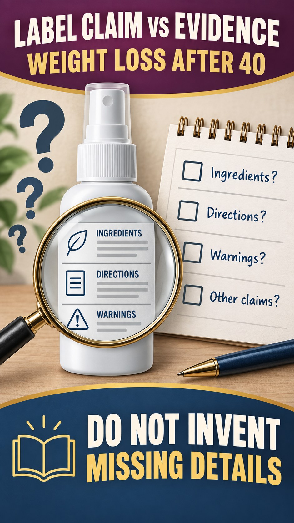 Missing Information Audit infographic for Weight Loss After 40, showing a generic spray-label checklist that separates available facts, missing details, and evidence questions.