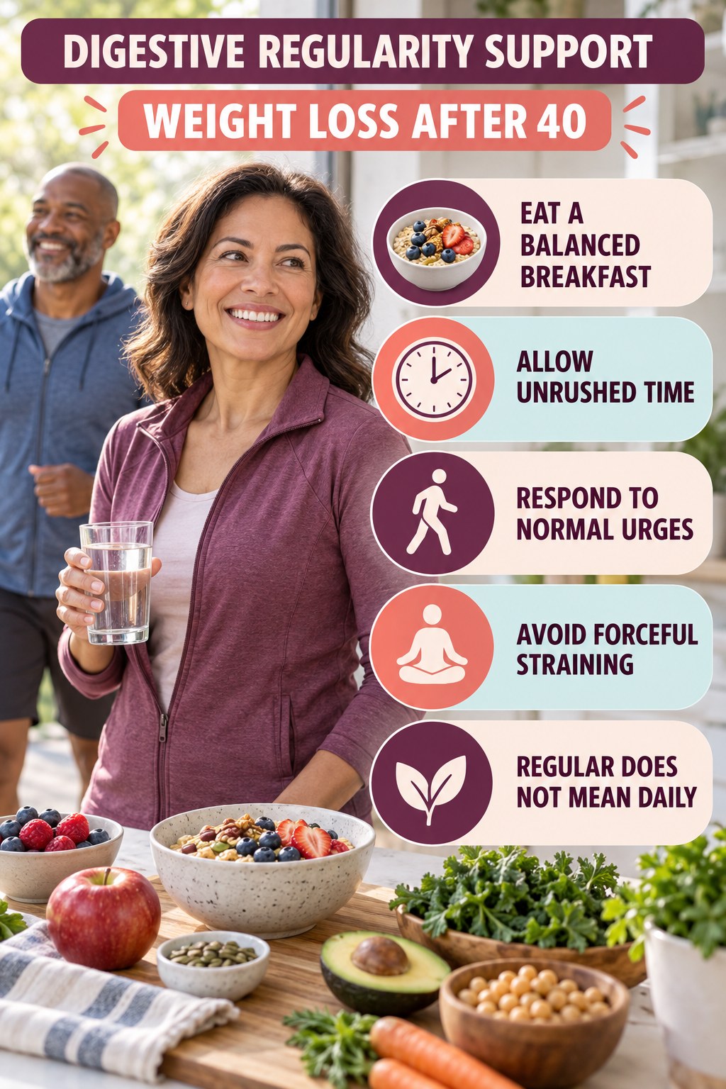 Morning Digestive Wellness infographic for Weight Loss After 40 with five practical food, hydration, movement, or routine actions and no cleanse claims.