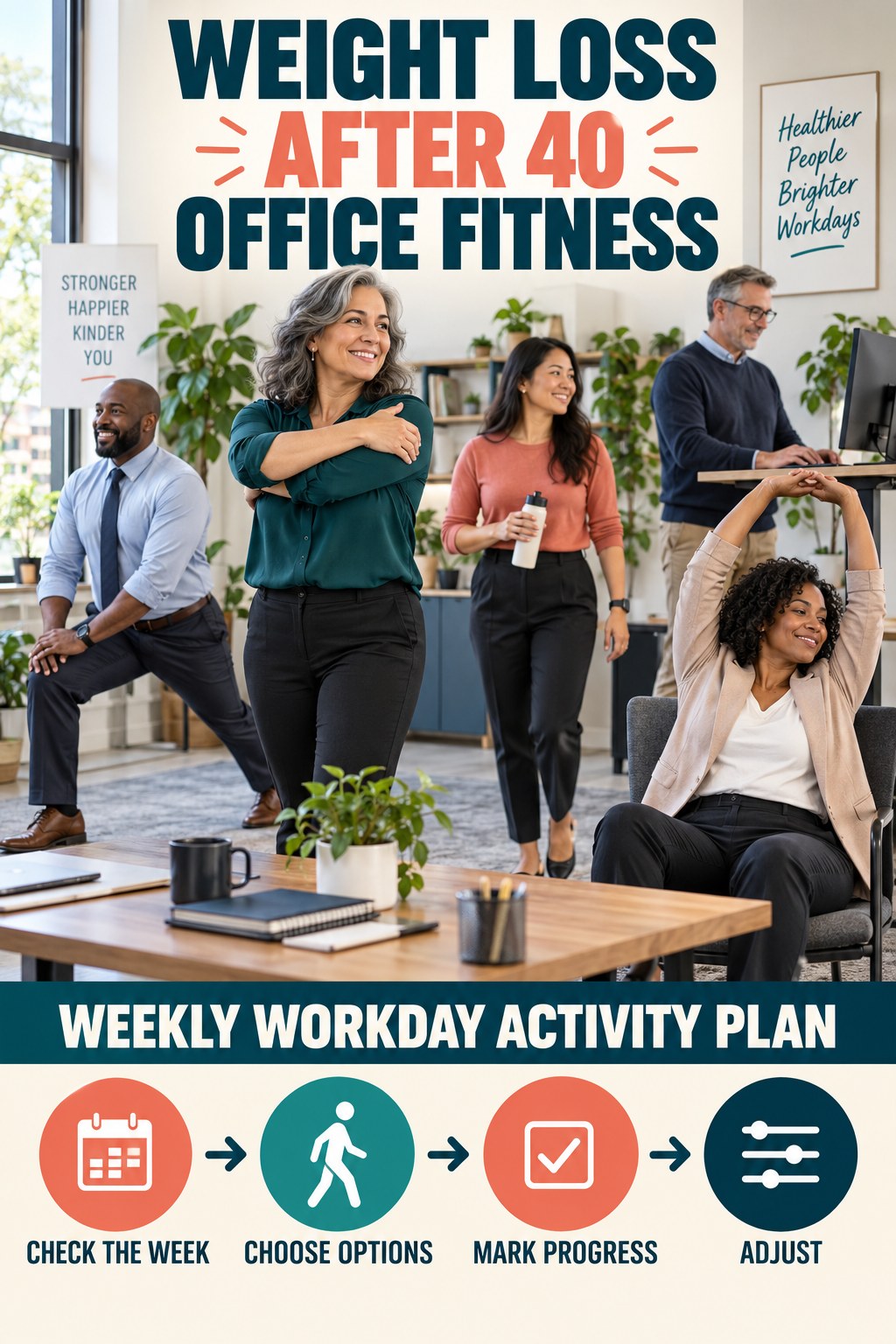 Weight Loss After 40 office-fitness graphic titled Weekly Workday Activity Plan with four practical workday movement prompts.