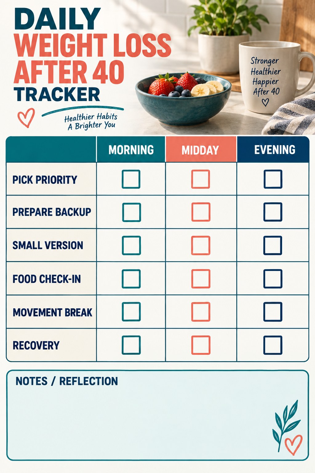 Daily Weight Loss After 40 printable-style tracker graphic with six labeled rows, empty checkboxes, and a reflection area.