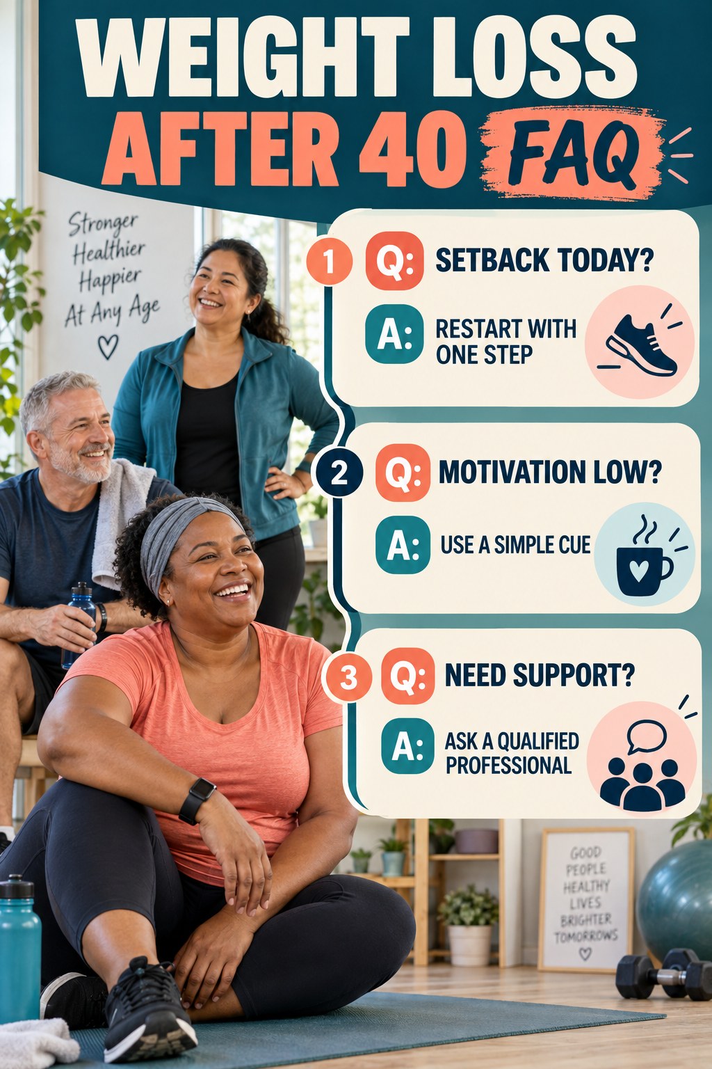 Weight Loss After 40 FAQ graphic with three concise questions and practical answers for beginners.