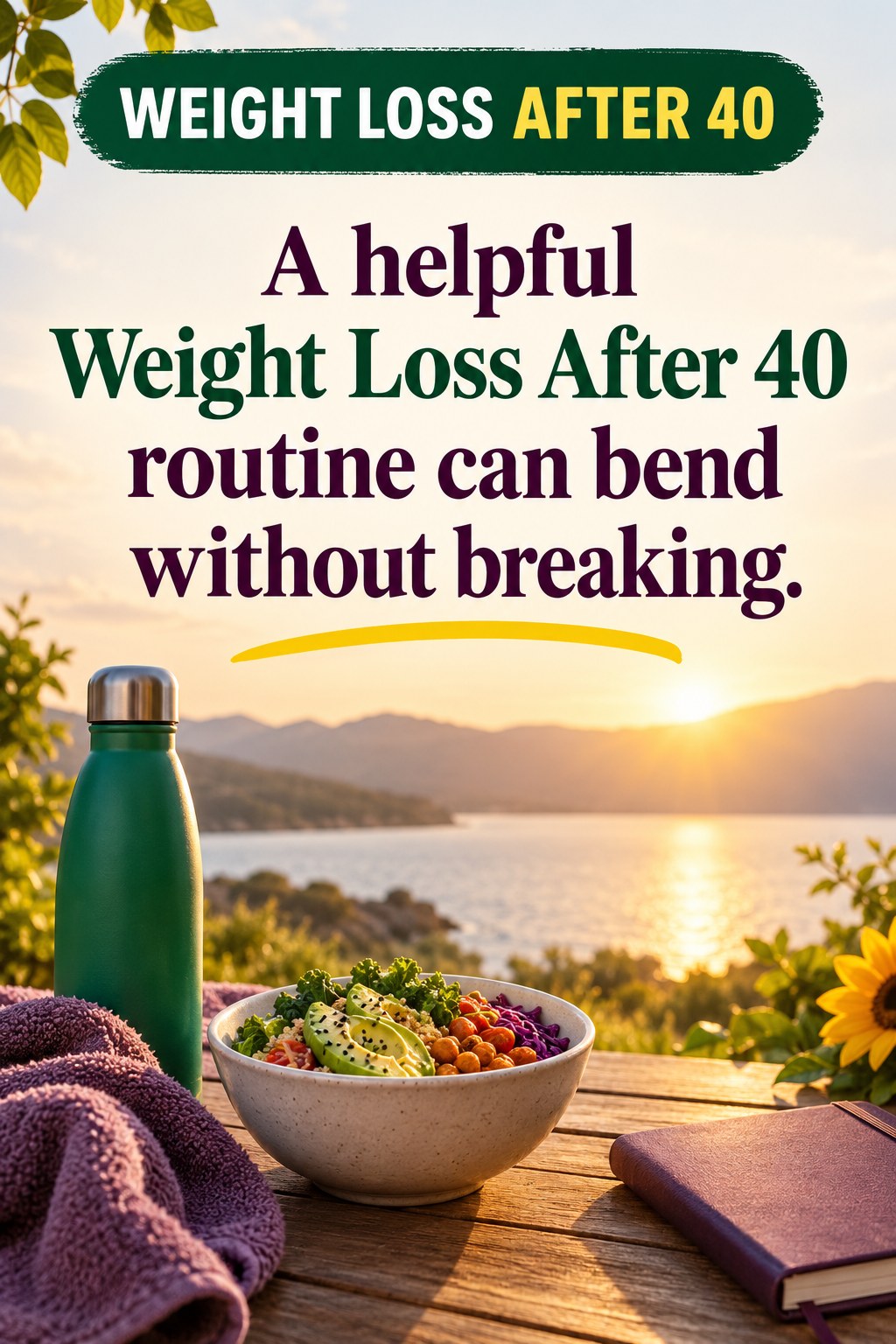 Original Weight Loss After 40 quote graphic reading “A helpful Weight Loss After 40 routine can bend without breaking.” in a board-relevant editorial design.
