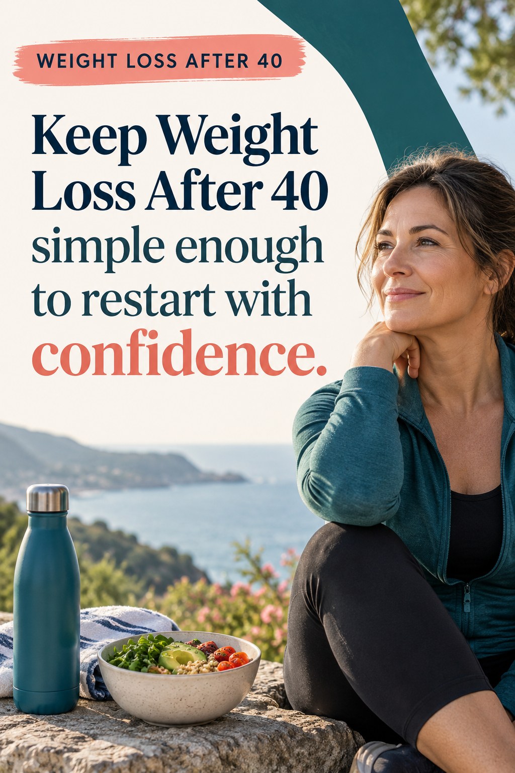 Original Weight Loss After 40 quote graphic reading “Keep Weight Loss After 40 simple enough to restart with confidence.” in a board-relevant editorial design.
