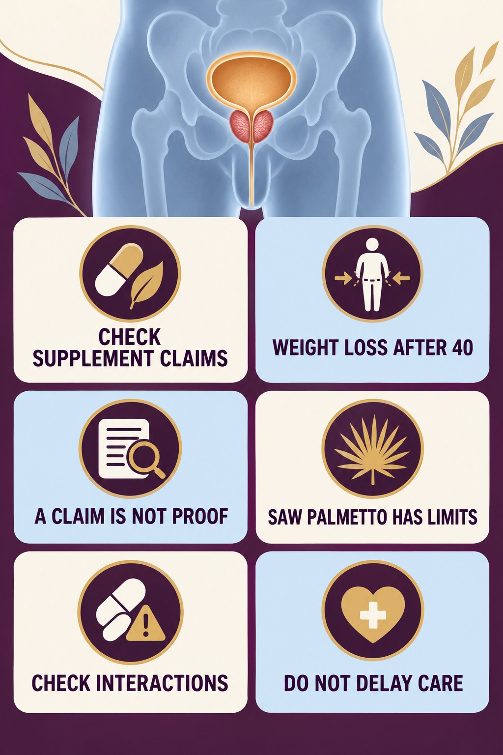 Saw Palmetto Claims Need Evidence infographic for Weight Loss After 40 with four concise prostate-health awareness points.