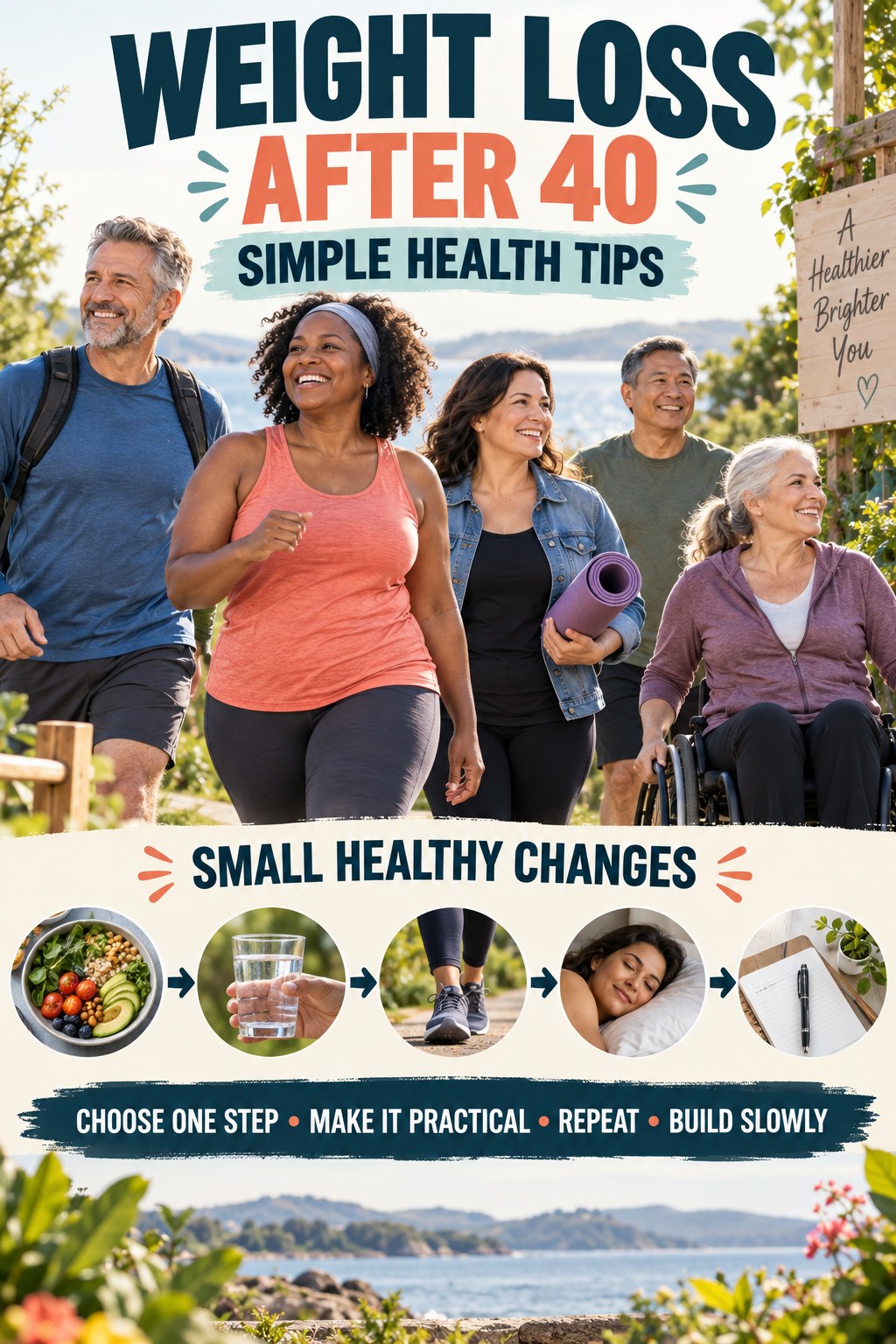 Weight Loss After 40 simple-health graphic titled Small Healthy Changes with four practical wellness prompts.