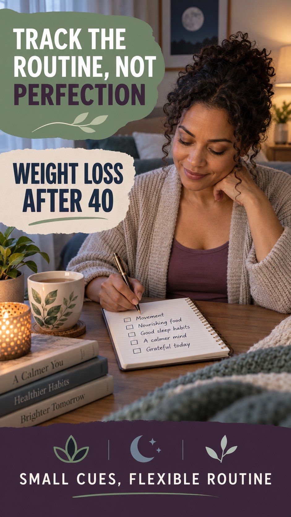 Sleep Habit Tracking infographic for Weight Loss After 40, showing a flexible and calming evening wellness routine.