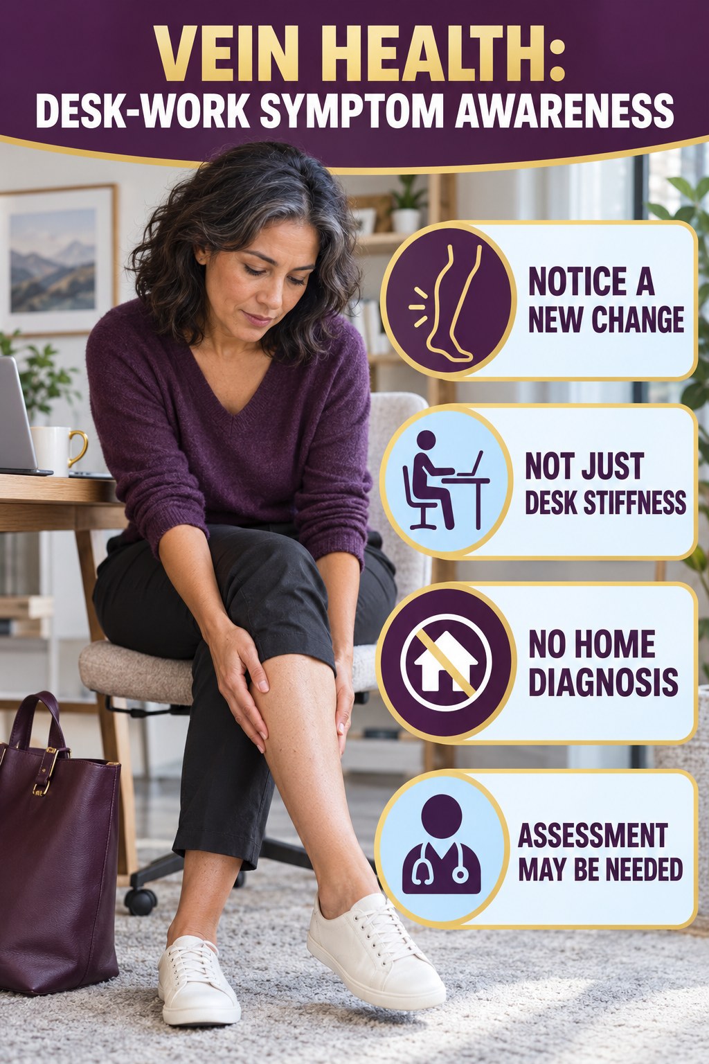Desk-Work Symptom Awareness infographic for Weight Loss After 40, explaining vein-health warning signs and the appropriate next action without diagnosing a condition.