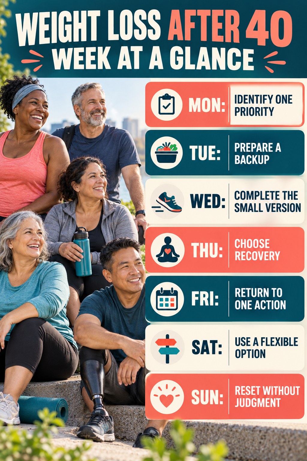 Weekly Weight Loss After 40 plan graphic with concise Monday-to-Sunday actions and flexible recovery guidance.