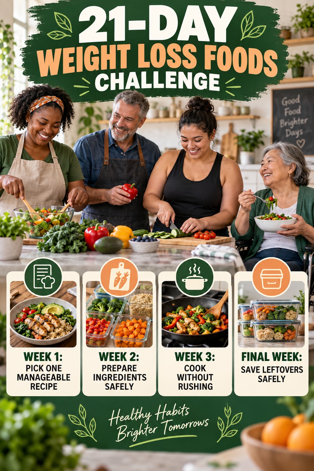 21-day Weight Loss Foods challenge graphic showing four manageable milestones for consistent practice.