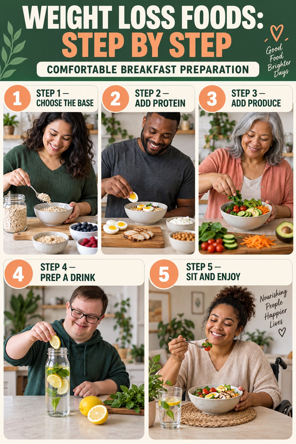 Weight Loss Foods step-by-step graphic showing five numbered stages for comfortable breakfast preparation.