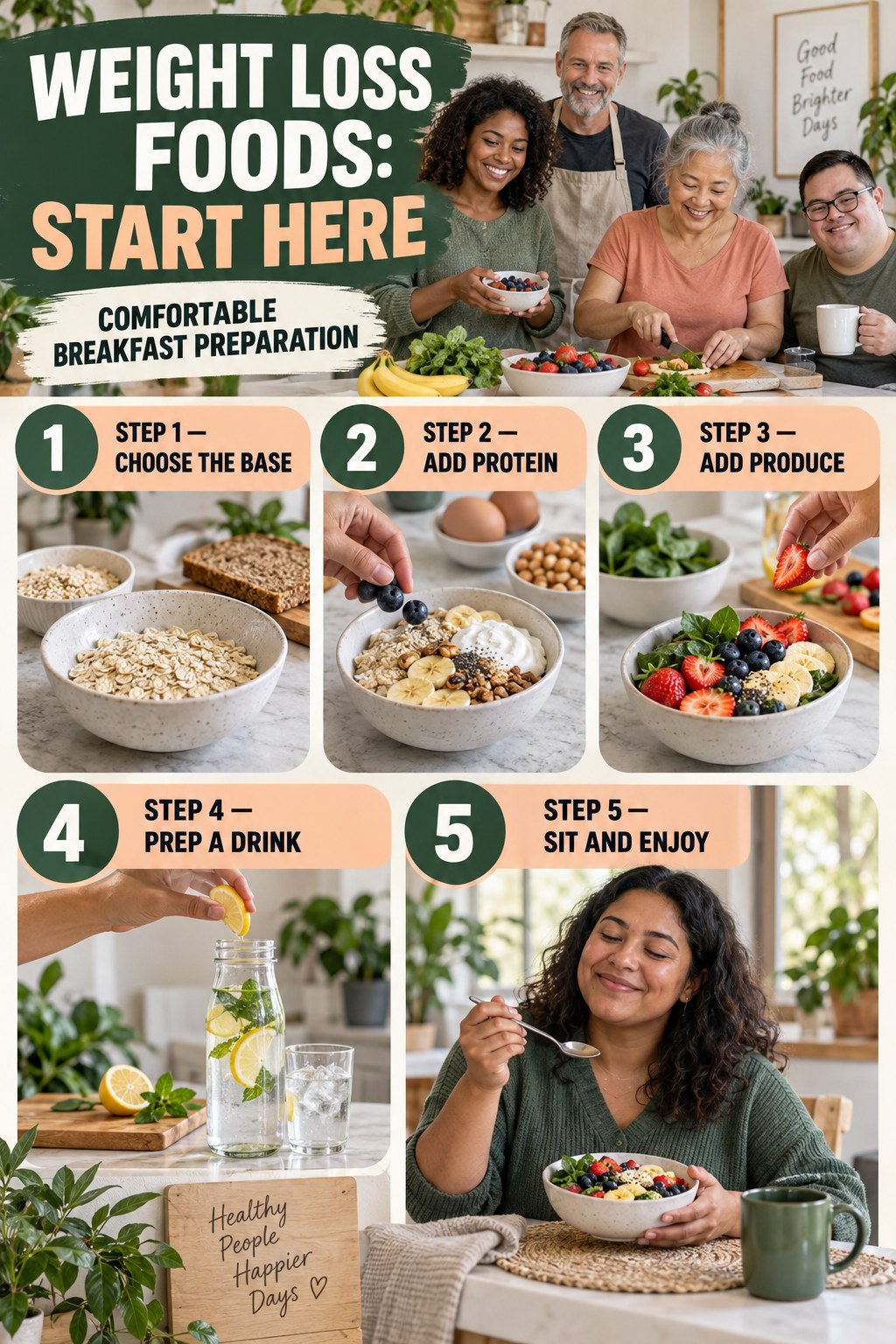 Weight Loss Foods beginner guide graphic showing five manageable stages for comfortable breakfast preparation.