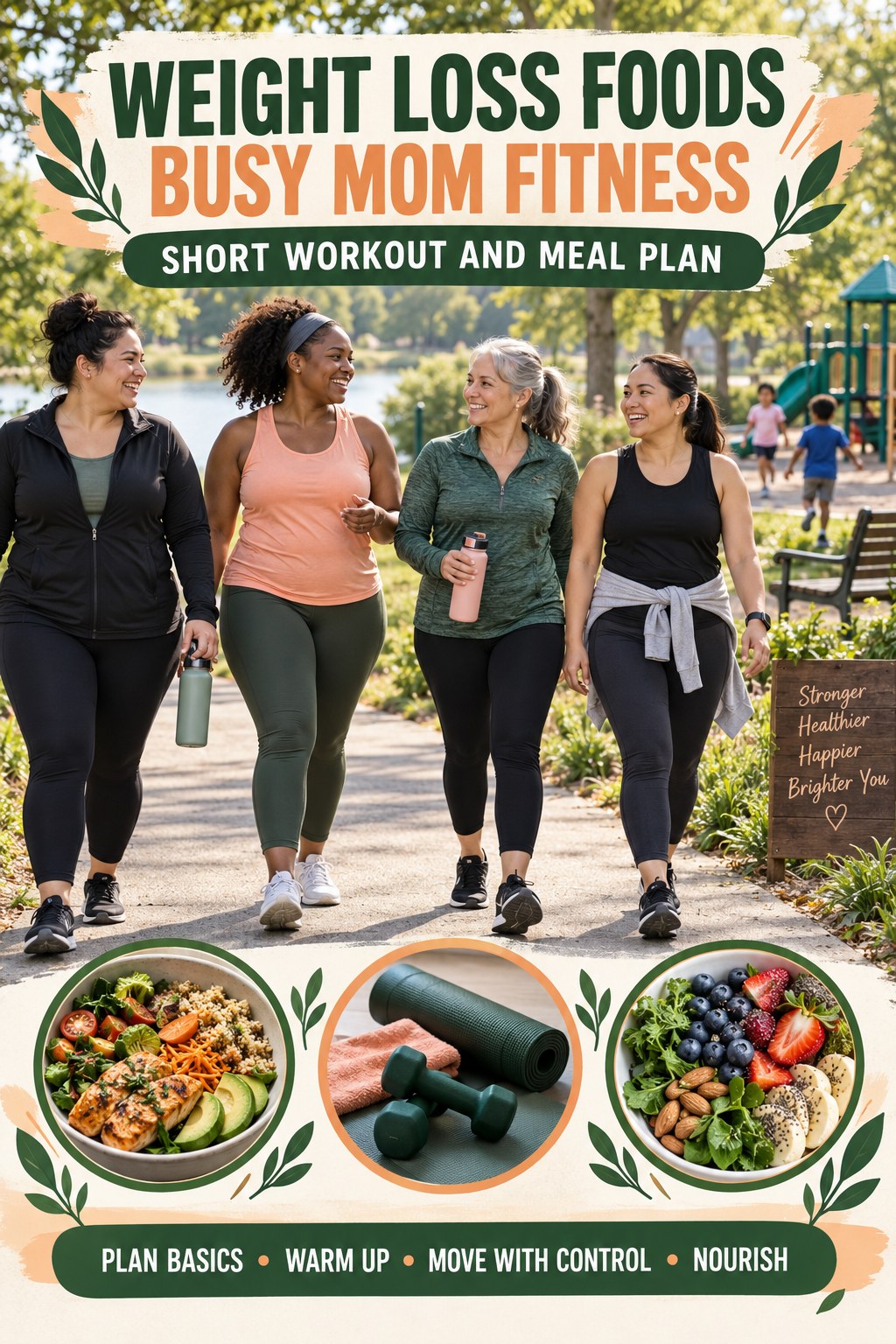 Weight Loss Foods busy-mom fitness graphic titled Short Workout and Meal Plan with four practical movement prompts.