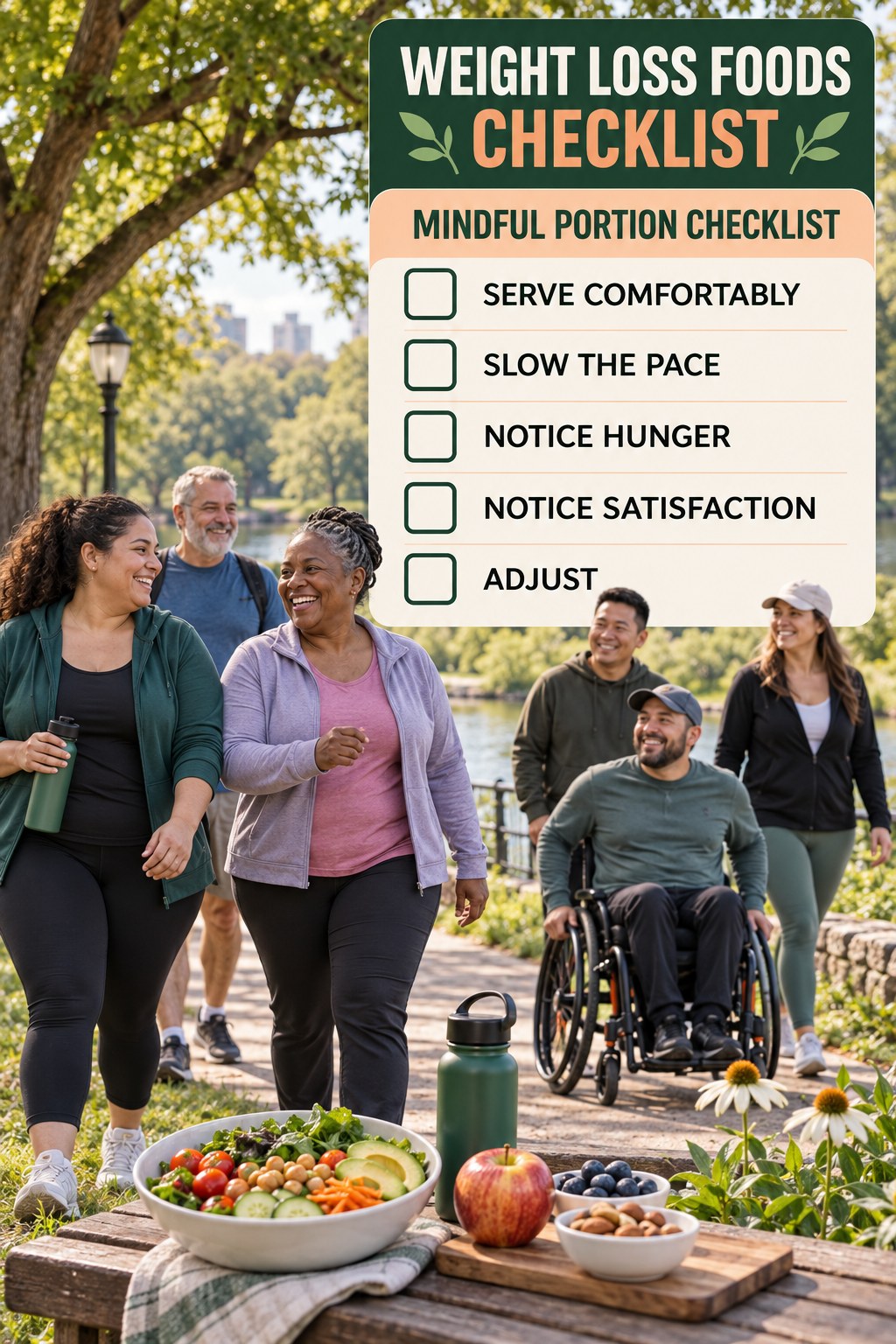 Weight Loss Foods checklist graphic titled Mindful Portion Checklist with five clear practical wellness items.